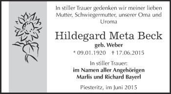 Traueranzeige von Hildegard Meta Beck von Super Sonntag Wittenberg