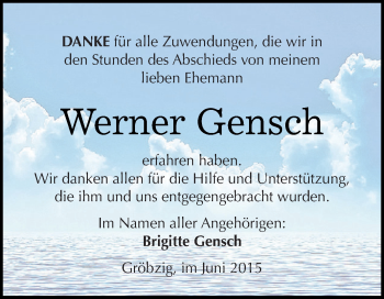 Traueranzeige von Werner Gensch von WVG - Wochenspiegel Dessau / Köthen
