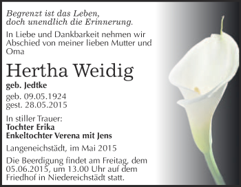 Traueranzeige von Hertha Weidig von WVG - Wochenspiegel Merseburg