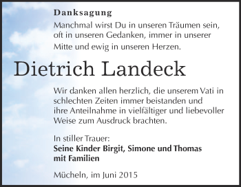 Traueranzeige von Dietrich Landeck von WVG - Wochenspiegel Merseburg