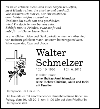 Traueranzeige von Walter Schmelzer von Mitteldeutsche Zeitung Quedlinburg