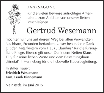 Traueranzeige von Gertrud Wesemann von Super Sonntag Quedlinburg