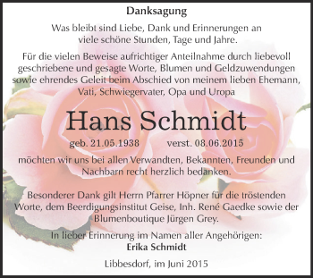 Traueranzeige von Hans Schmidt von WVG - Wochenspiegel Dessau / Köthen