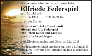 Traueranzeige von Elfriede Federspiel von Super Sonntag Zeitz