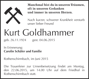 Traueranzeige von Kurt Goldhammer von Super Sonntag SGH Mansf. Land