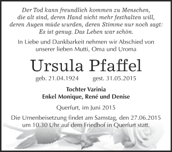 Traueranzeige von Ursula Pfaffel von WVG - Wochenspiegel Merseburg