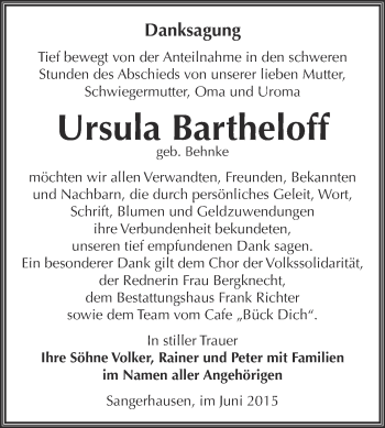 Traueranzeige von Ursula Bartheloff von Super Sonntag SGH Mansf. Land