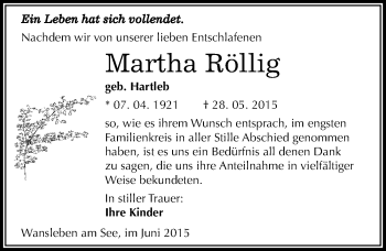 Traueranzeige von Martha Röllig von Mitteldeutsche Zeitung Mansfelder Land