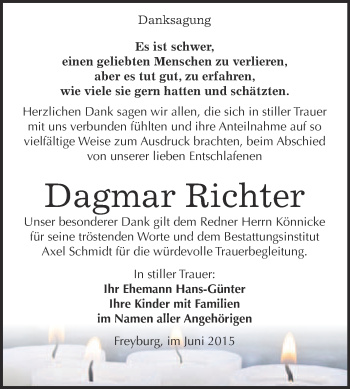 Traueranzeige von Dagmar Richter von WVG - Wochenspiegel NMB / WSF / ZTZ