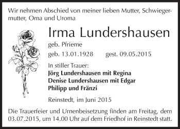 Traueranzeige von Irma Lundershausen von Super Sonntag Aschersleben