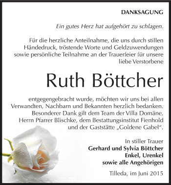 Traueranzeige von Ruth Böttcher von Mitteldeutsche Zeitung Sangerhausen