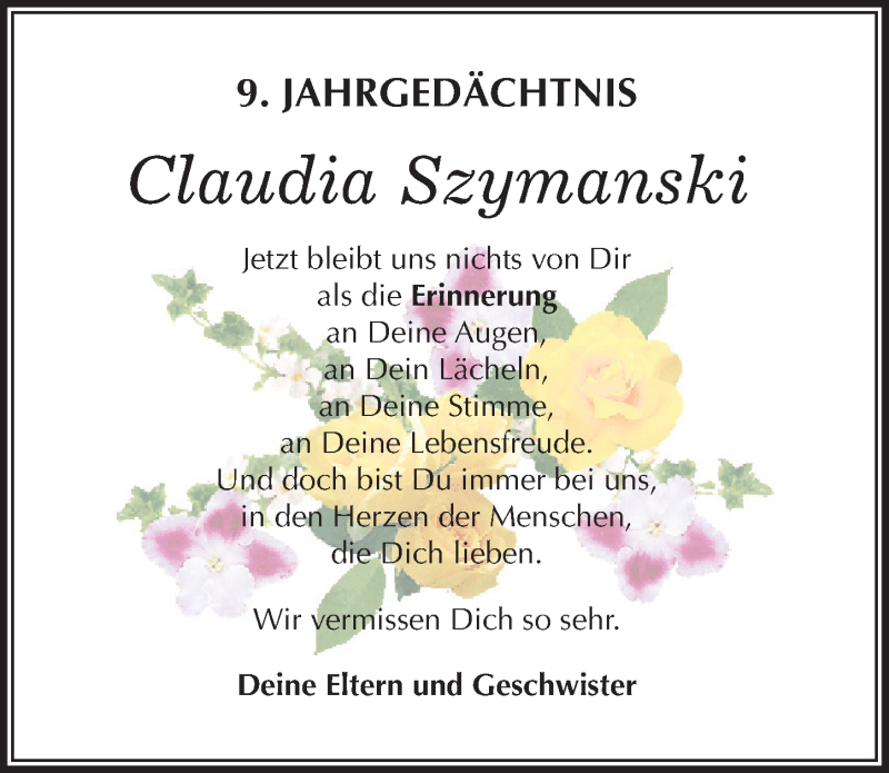  Traueranzeige für Claudia Szymanski vom 19.06.2015 aus Mitteldeutsche Zeitung Mansfelder Land