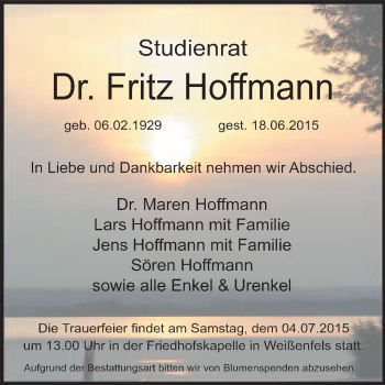 Traueranzeige von Fritz Hoffmann von WVG - Wochenspiegel NMB / WSF / ZTZ