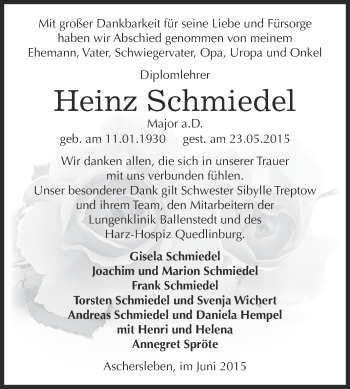 Traueranzeige von Heinz Schmiedel von Super Sonntag Aschersleben