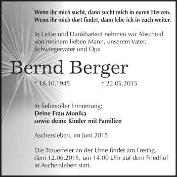 Traueranzeige von Bernd Berger von Super Sonntag Aschersleben
