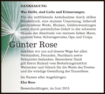 Traueranzeige von Günter Rose von Super Sonntag Aschersleben