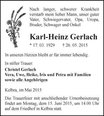 Traueranzeige von Karl-Heinz Gerlach von WVG - Wochenspiegel SGH