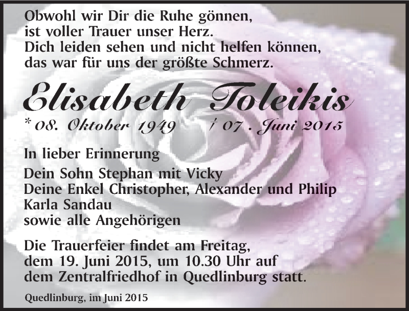  Traueranzeige für Elisabeth Toleikis vom 13.06.2015 aus Mitteldeutsche Zeitung Quedlinburg