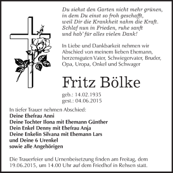 Traueranzeige von Fritz Bölke von WVG - Wochenspiegel Wittenberg
