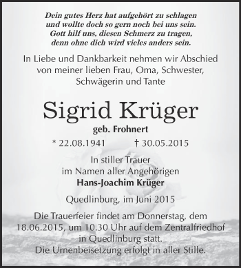 Traueranzeige von Sigrid Krüger von WVG - Wochenspiegel Quedlinburg