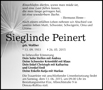 Traueranzeige von Sieglinde Peinert von Mitteldeutsche Zeitung Dessau-Roßlau