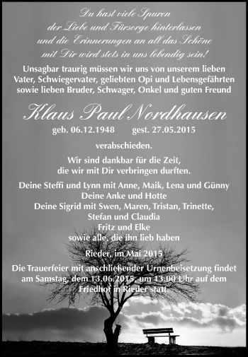 Traueranzeige von Klaus Paul Nordhausen von WVG - Wochenspiegel Quedlinburg