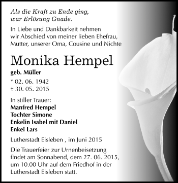 Traueranzeige von Monika Hempel von Mitteldeutsche Zeitung Mansfelder Land