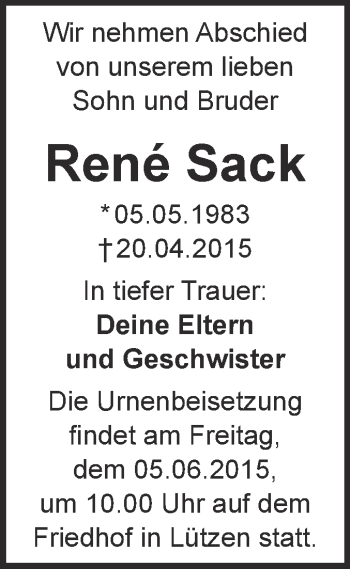 Traueranzeige von René Sack von WVG - Wochenspiegel NMB / WSF / ZTZ