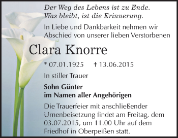 Traueranzeige von Clara Knorre von Super Sonntag Bernburg