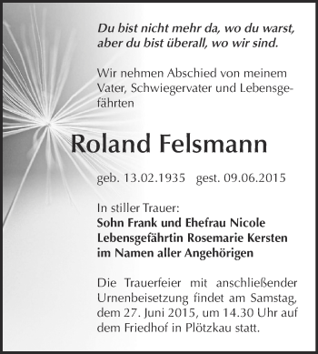 Traueranzeige von Roland Felsmann von Super Sonntag Bernburg