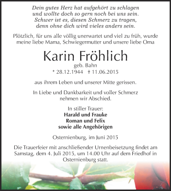 Traueranzeige von Karin Fröhlich von WVG - Wochenspiegel Dessau / Köthen