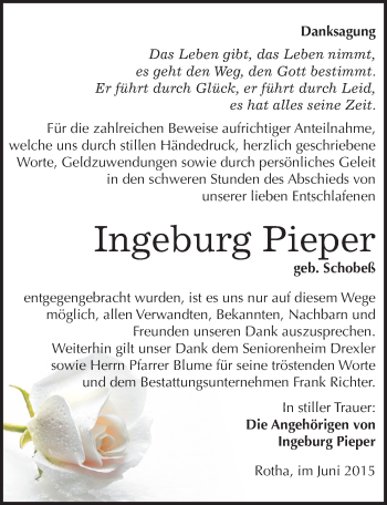 Traueranzeige von Ingeburg Pieper von Mitteldeutsche Zeitung Sangerhausen