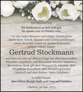 Traueranzeige von Gertrud Stockmann von WVG - Wochenspiegel Dessau / Köthen