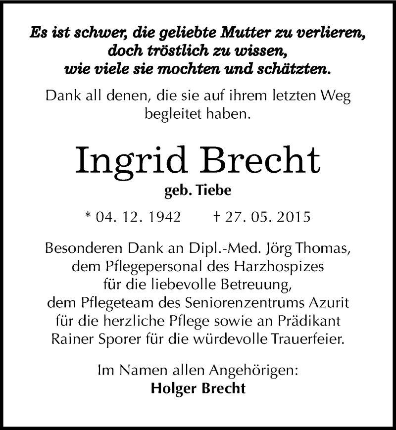  Traueranzeige für Ingrid Brecht vom 24.06.2015 aus Mitteldeutsche Zeitung Quedlinburg