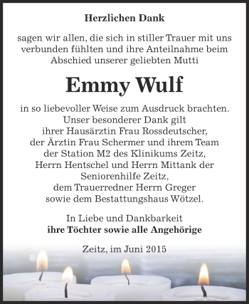 Traueranzeige von Emmy Wulf von Super Sonntag Zeitz