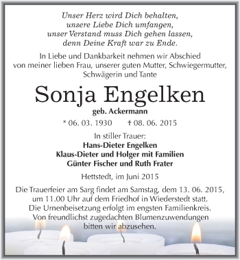 Traueranzeige von Sonja Engelken von Mitteldeutsche Zeitung Mansfelder Land