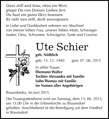 Traueranzeige von Ute Schier von Mitteldeutsche Zeitung Merseburg/Querfurt