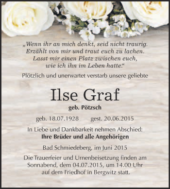 Traueranzeige von Ilse Graf von WVG - Wochenspiegel Wittenberg