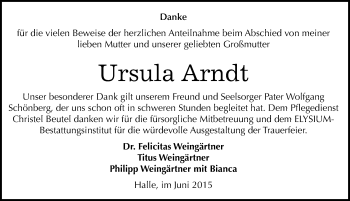 Traueranzeige von Ursula Arndt von Mitteldeutsche Zeitung Halle/Saalkreis