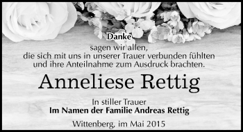 Traueranzeige von Anneliese Rettig von Mitteldeutsche Zeitung Wittenberg