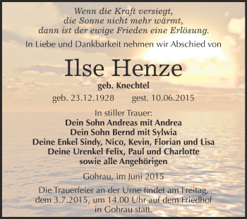 Traueranzeige von Ilse Henze von WVG - Wochenspiegel Wittenberg