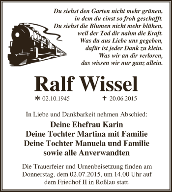 Traueranzeige von Ralf Wissel von WVG - Wochenspiegel Dessau / Köthen