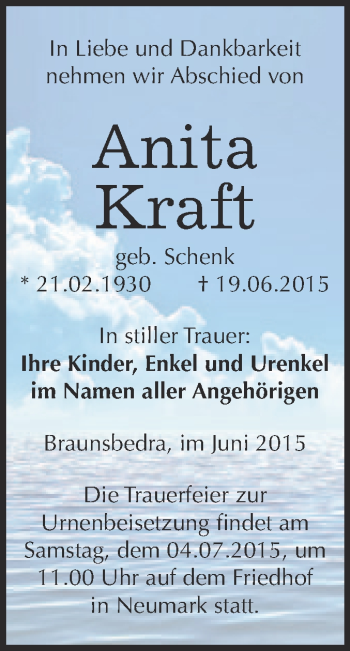 Traueranzeige von Anita Kraft von WVG - Wochenspiegel Merseburg