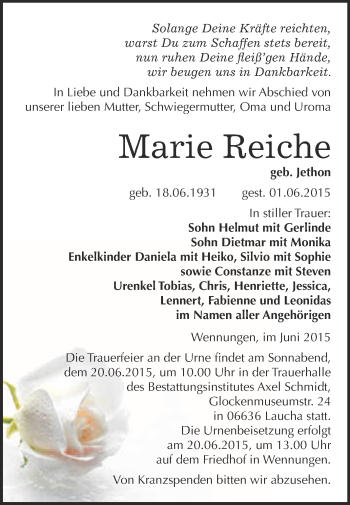 Traueranzeige von Marie Reiche von WVG - Wochenspiegel NMB / WSF / ZTZ