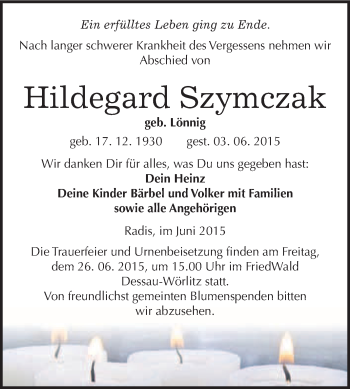 Traueranzeige von Hildegard Szymczak von WVG - Wochenspiegel Wittenberg