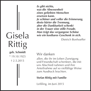 Traueranzeige von Gisela Rittig von WVG - Wochenspiegel NMB / WSF / ZTZ
