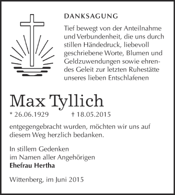 Traueranzeige von Max Tyllich von WVG - Wochenspiegel Wittenberg