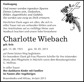 Traueranzeige von Charlotte Wiebach von Mitteldeutsche Zeitung Merseburg/Querfurt