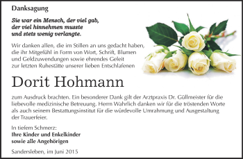 Traueranzeige von Dorit Hohmann von Wochenspiegel Mansfelder Land
