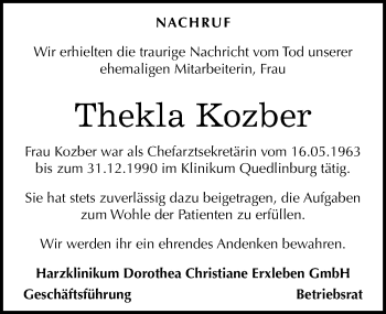 Traueranzeige von Thekla Kozber von Mitteldeutsche Zeitung Quedlinburg